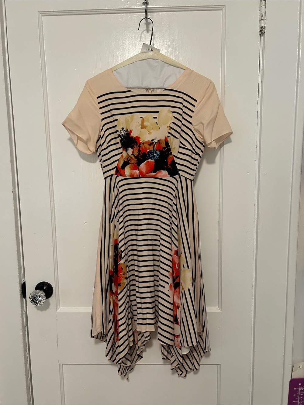 Striped Pink Floral Handkerchief-Hem Casual Dress